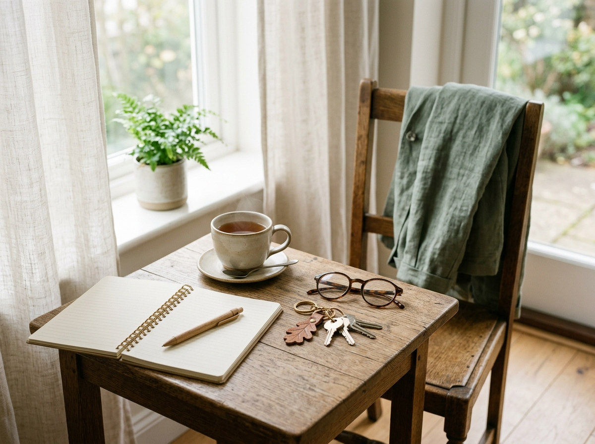 Tisch am Fenster mit Notizbuch, Tasse und Schlüsseln