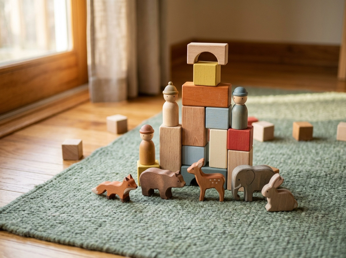 Holzfiguren und Bausteine auf einem Teppich im Spielbereich