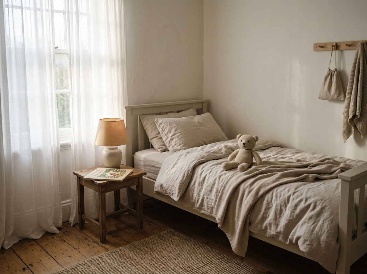 Kinderzimmer im Morgenlicht mit gemachtem Bett