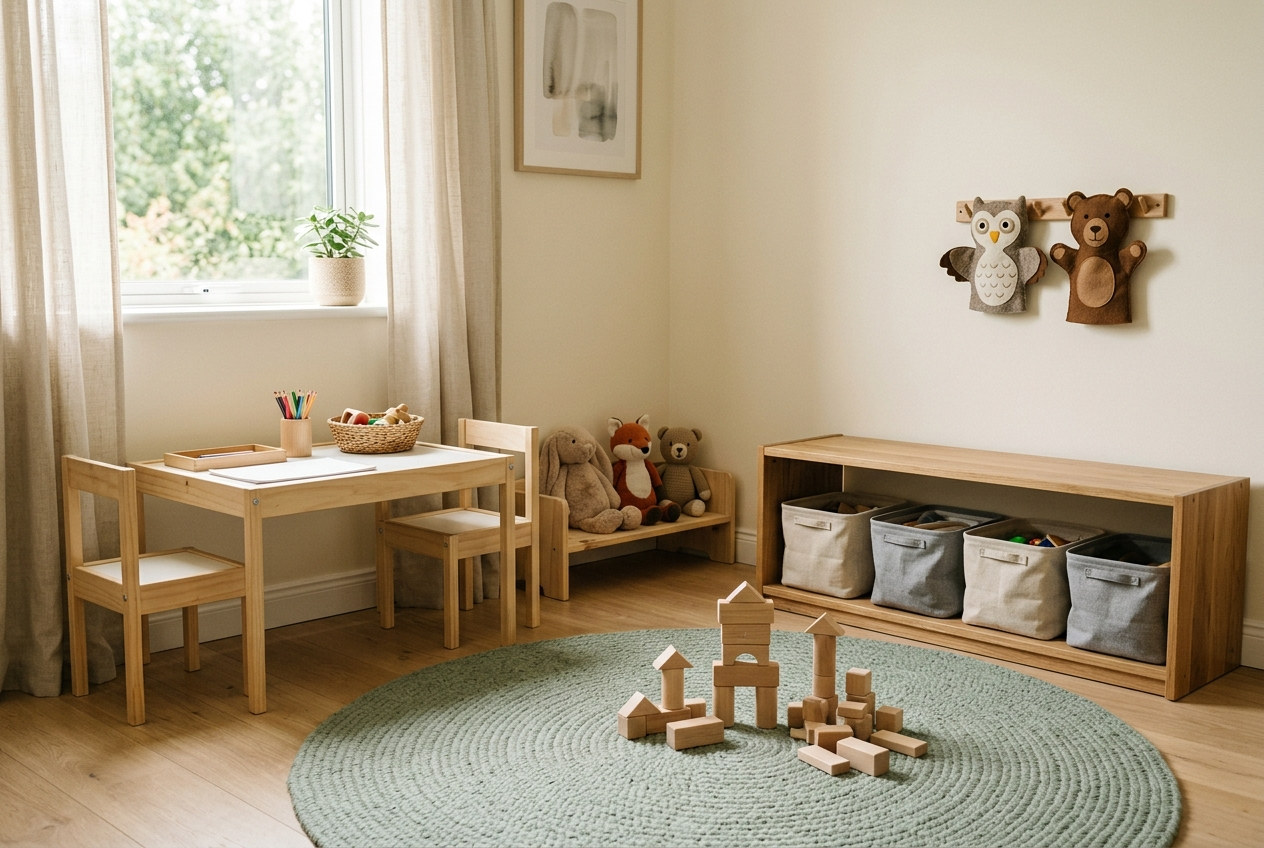 Spielbereich der Praxis mit Teppich, Holzbausteinen und Regal