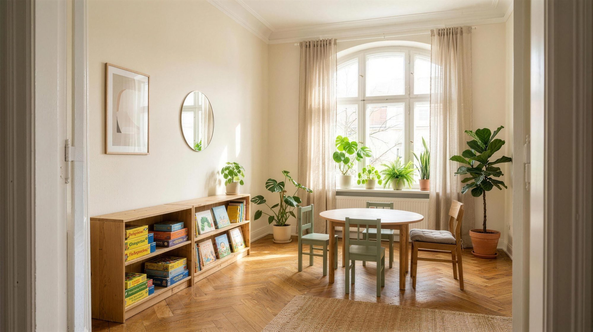 Blick durch die geöffnete Tür in den Therapieraum mit Spieltisch, Bücherregal und Fenster
