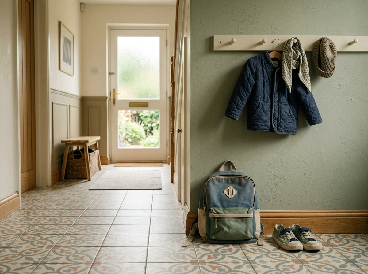 Schulranzen und Schuhe im Flur einer Familienwohnung
