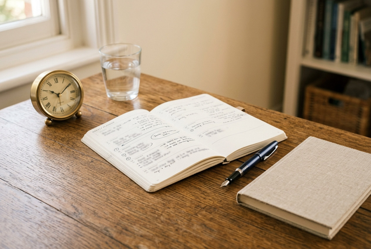 Terminkalender, Stift und Notizbuch auf dem Schreibtisch