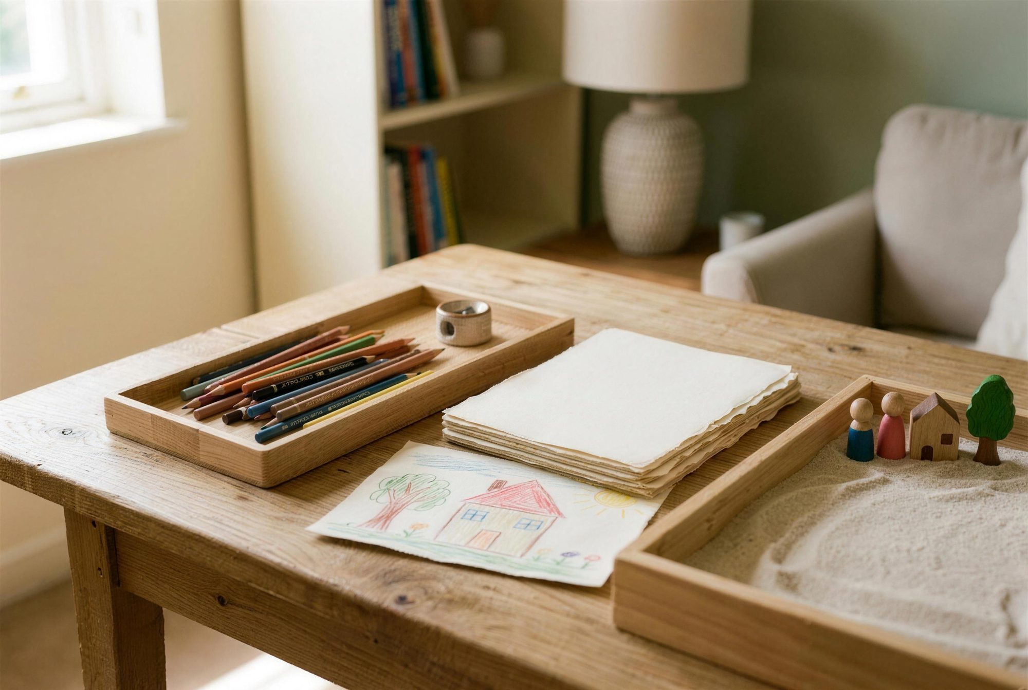 Stifte, Papier und Sandkasten mit Holzfiguren auf dem Tisch