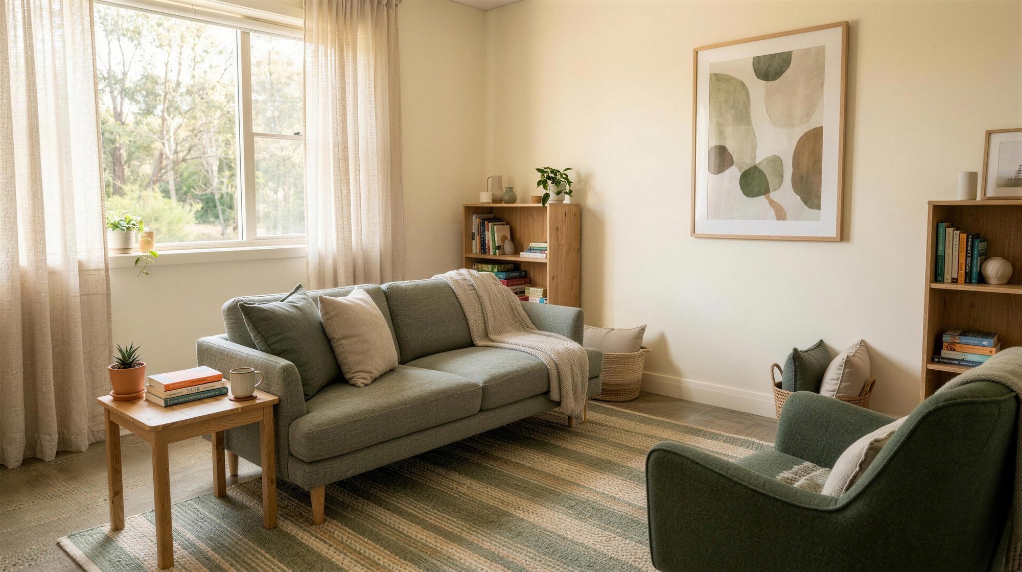 Ruhiger Therapieraum der Praxis mit Sofa und Tageslicht