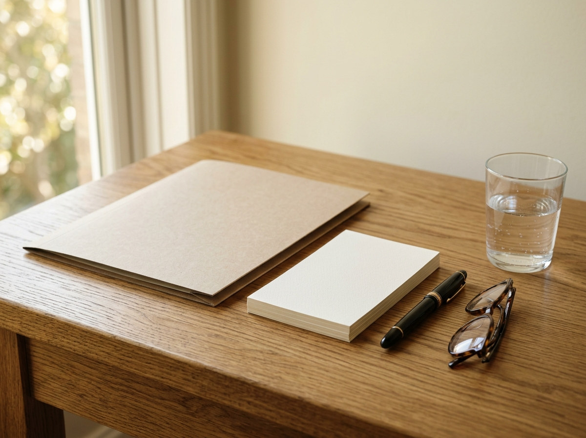 Unterlagen, Brille und Stift auf dem Schreibtisch