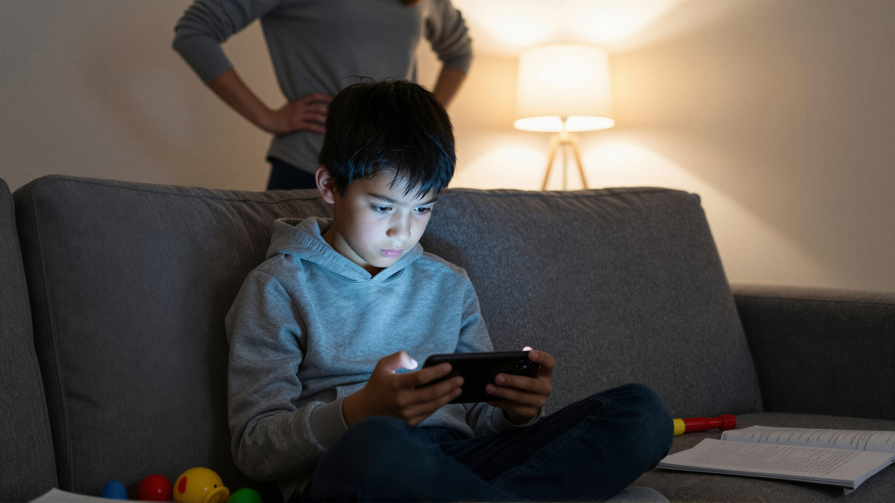 Junge sitzt mit dem Smartphone auf dem Sofa, im Hintergrund steht ein Elternteil