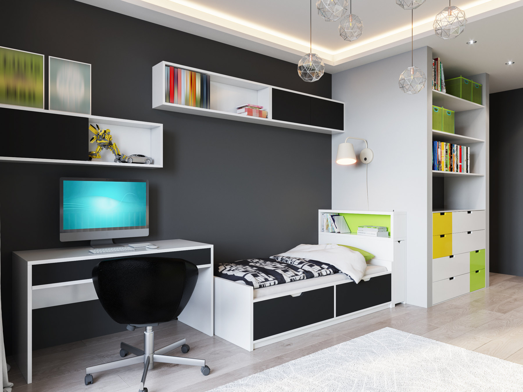 Jugendzimmer mit Schreibtisch, Bett und Regalwand
