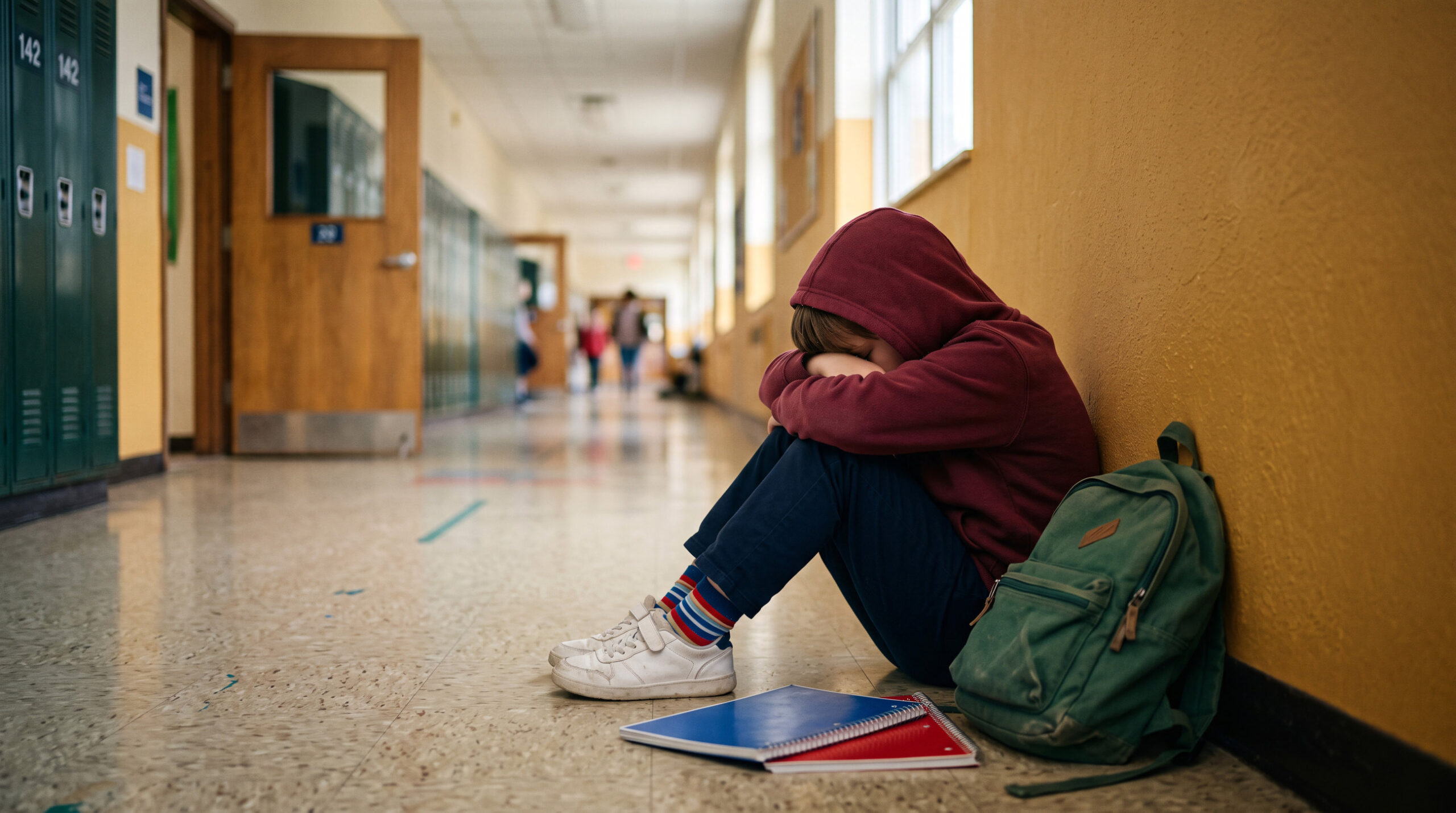 Sch&uuml;ler sitzt allein und mit gesenktem Kopf im Flur einer Schule