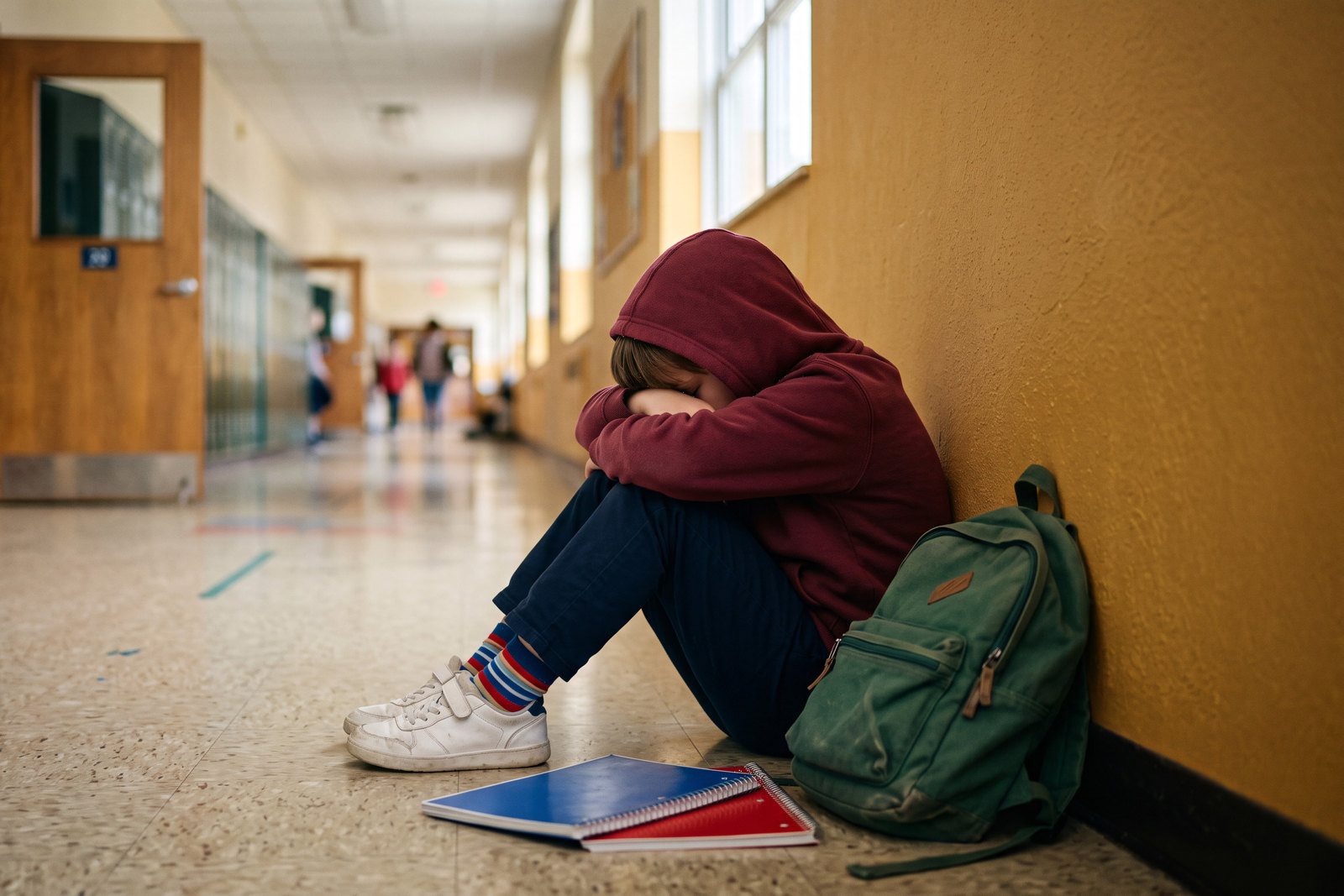 Schüler sitzt allein im Flur einer Schule