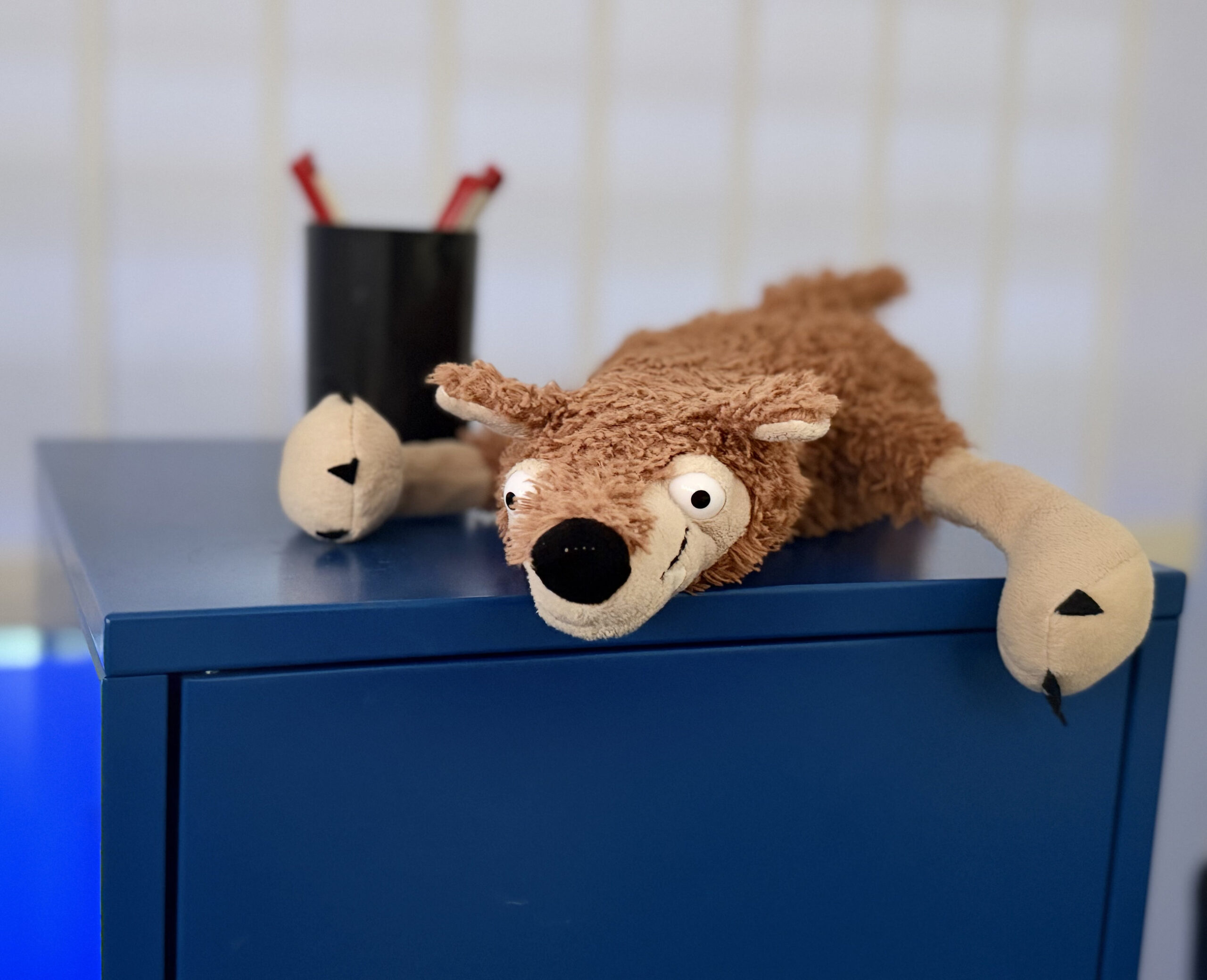 Handpuppe auf einem Schrank im Flur der Praxis