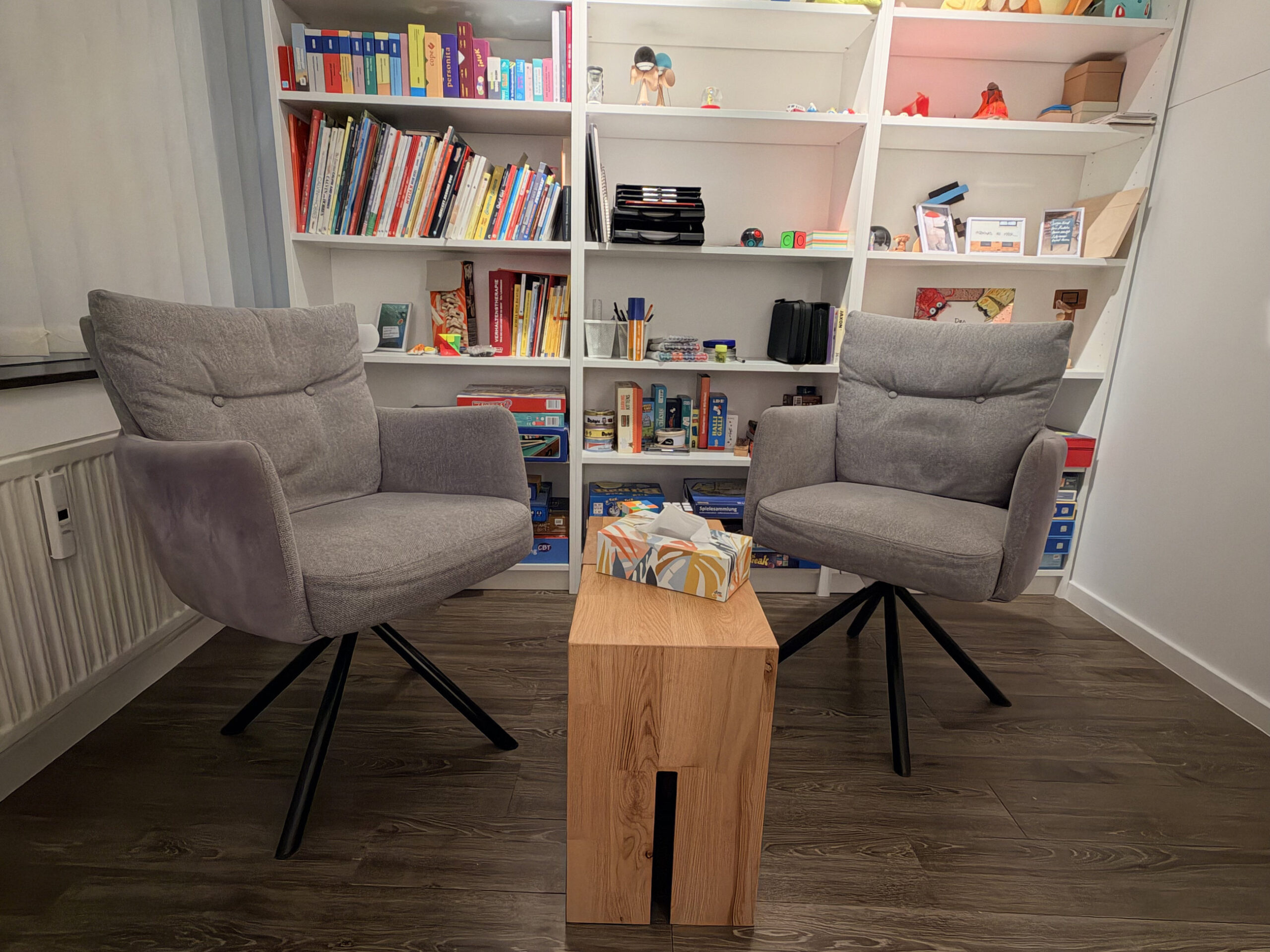 Zwei Sessel vor einer B&uuml;cherwand